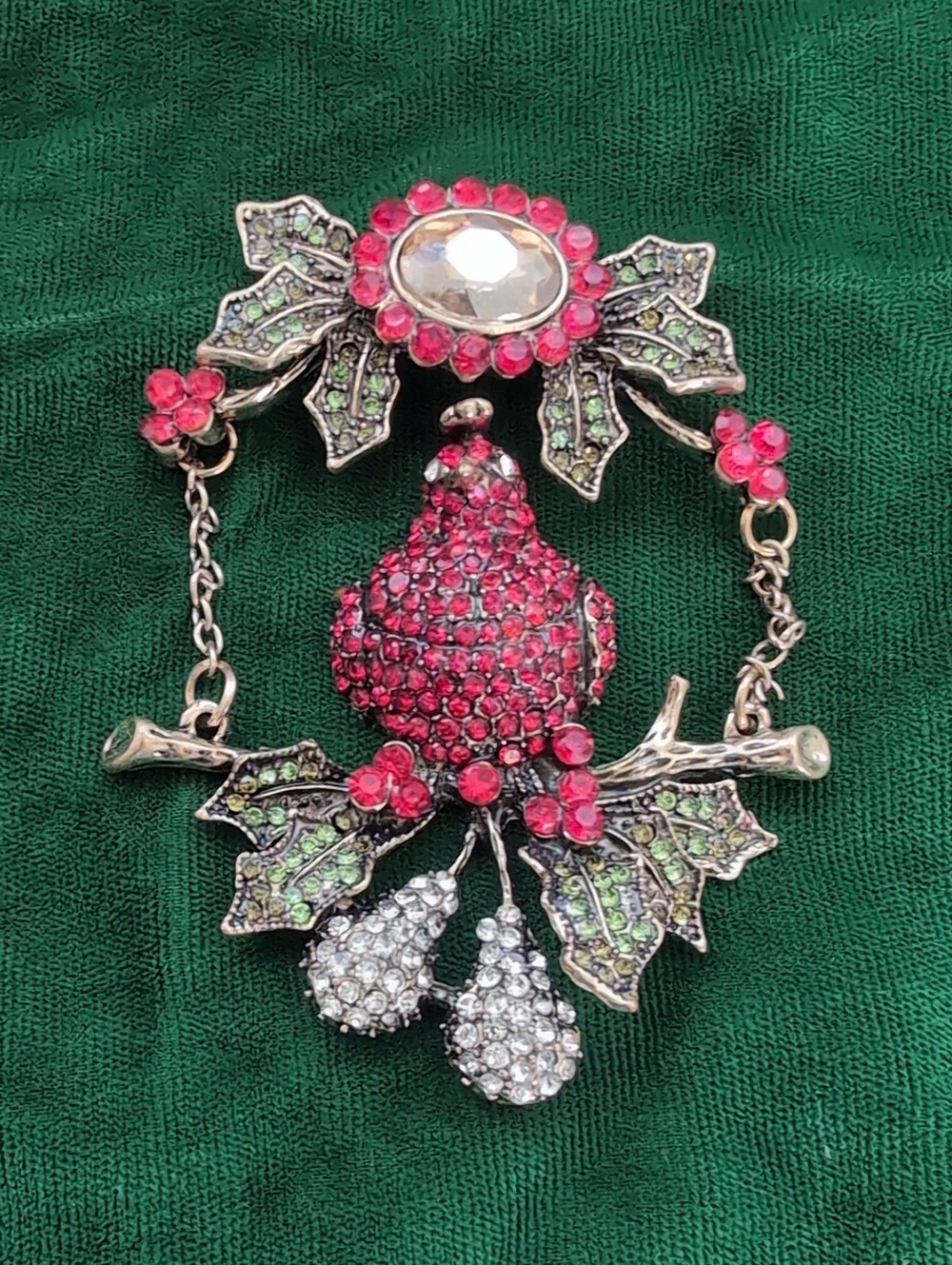 Red Crystal Bird Brooch with Green Leaf Accents - Women Jewelry